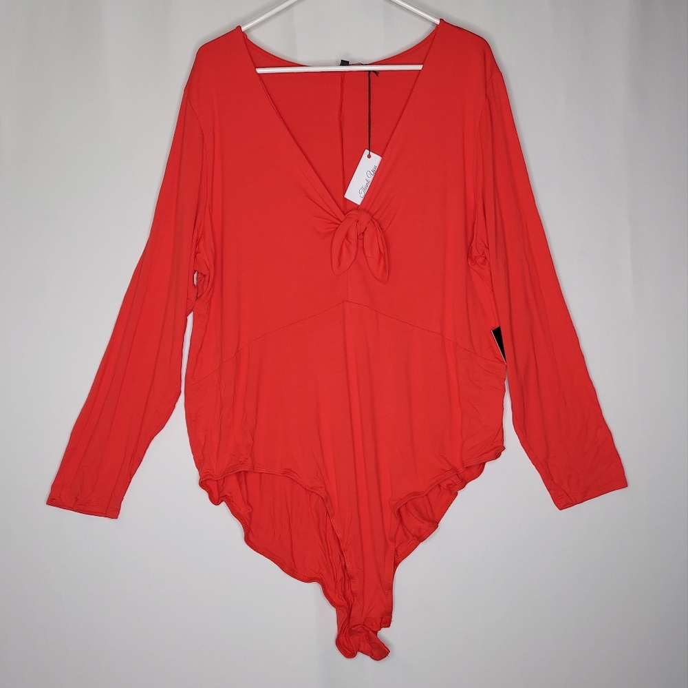 Eloquii Bodysuit Womens 22/24 Red-Orange Tie Front V-Neck Long Sleeve Snap 3X